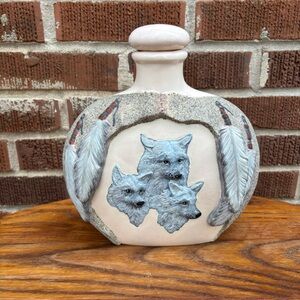 Native American Inspired Wolf & Feather Gray Cream Ceramic Decanter Jug 1987 VTG